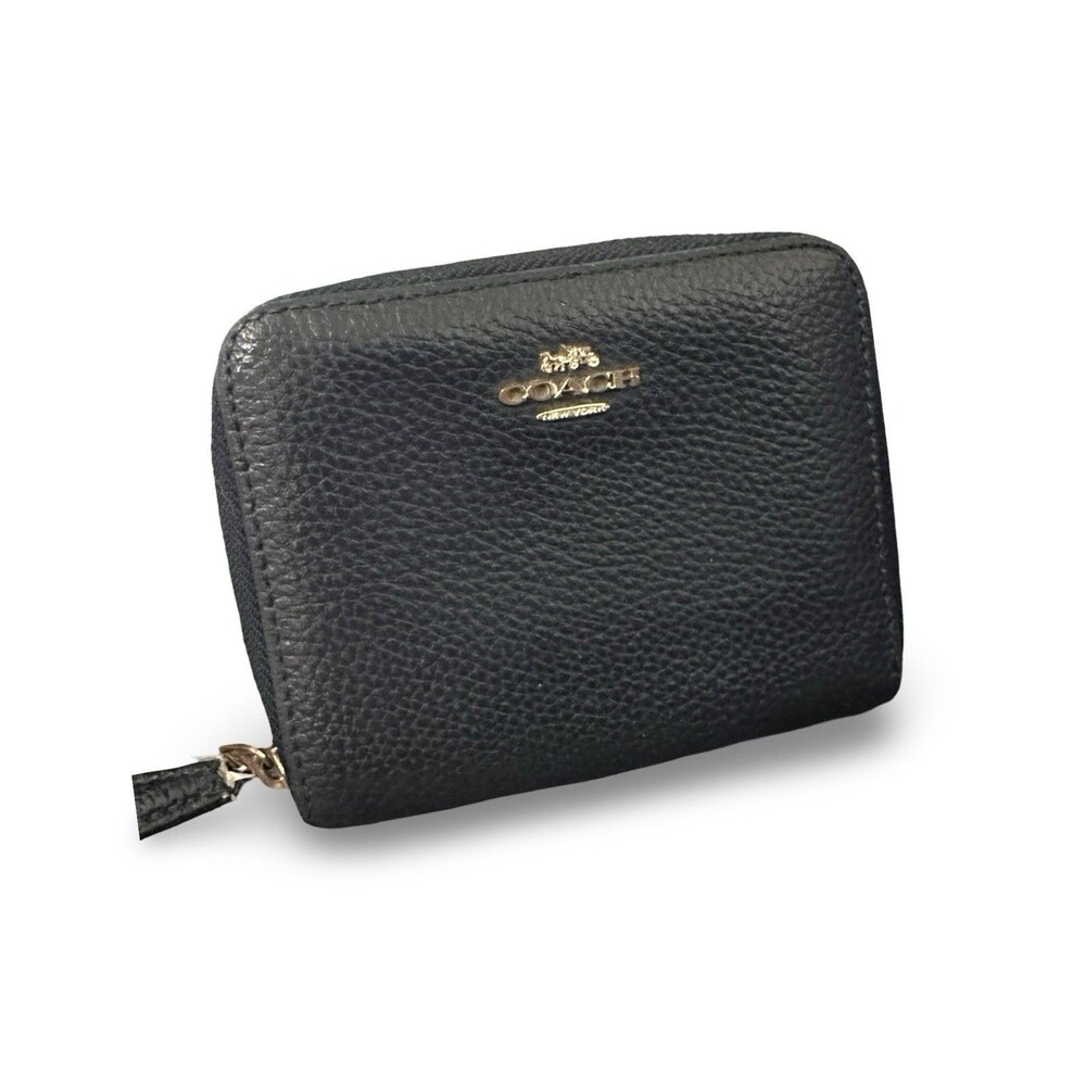 Coach Black Pebbled Leather Small Zip Around Wallet Coin Purse Gold Logo Good - Picture 1 of 8